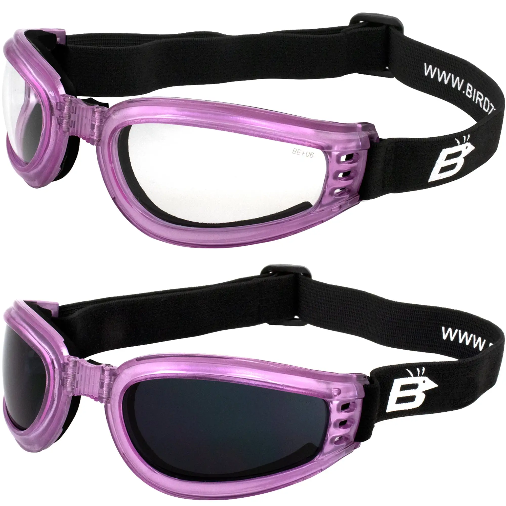 2 Pairs Birdz Eyewear Cardinal Women's Pink Padded Floating Motorcycle Goggles Super Dark & Clear Lenses