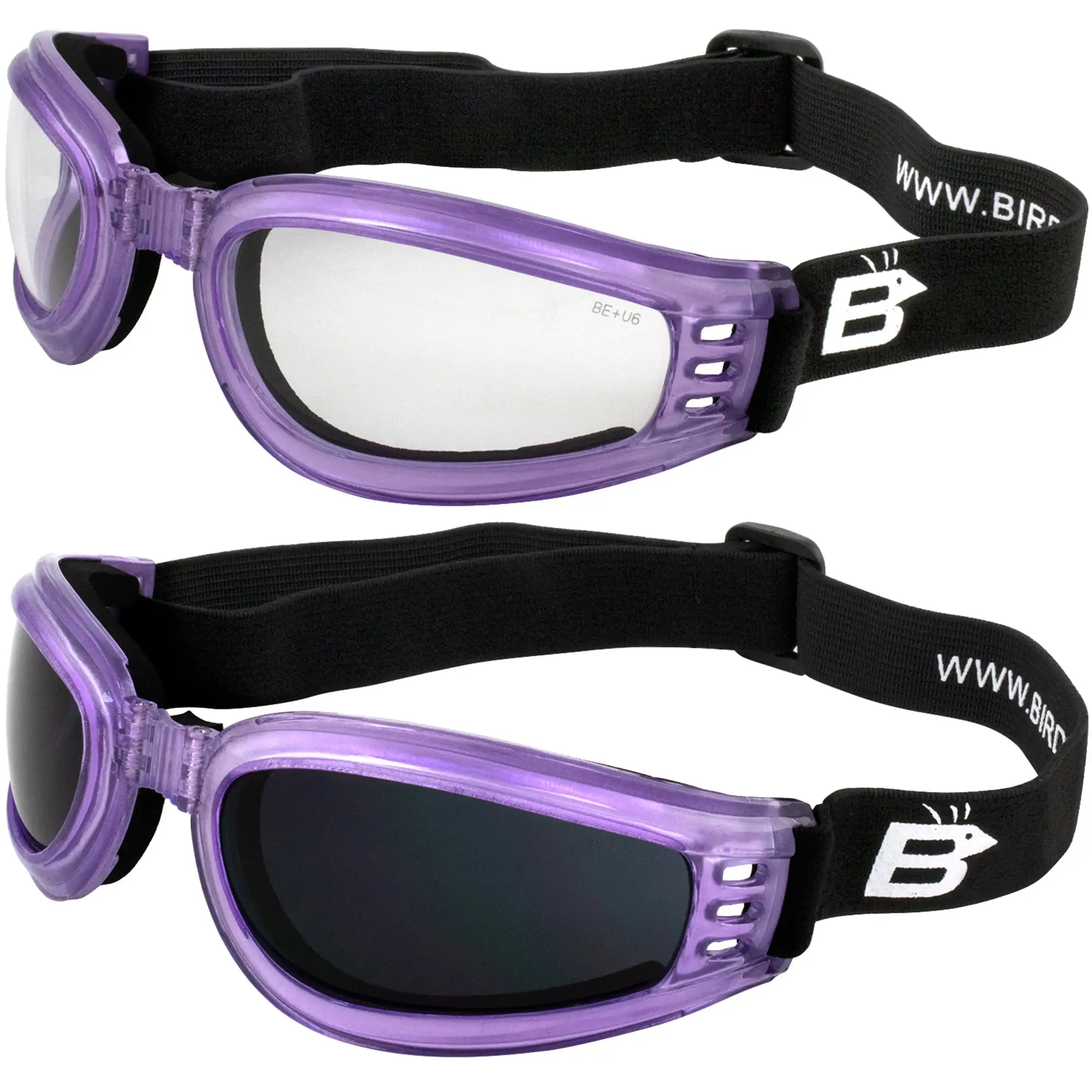 2 Pairs Birdz Eyewear Cardinal Women's Purple Padded Floating Motorcycle Goggles Super Dark & Clear Lenses
