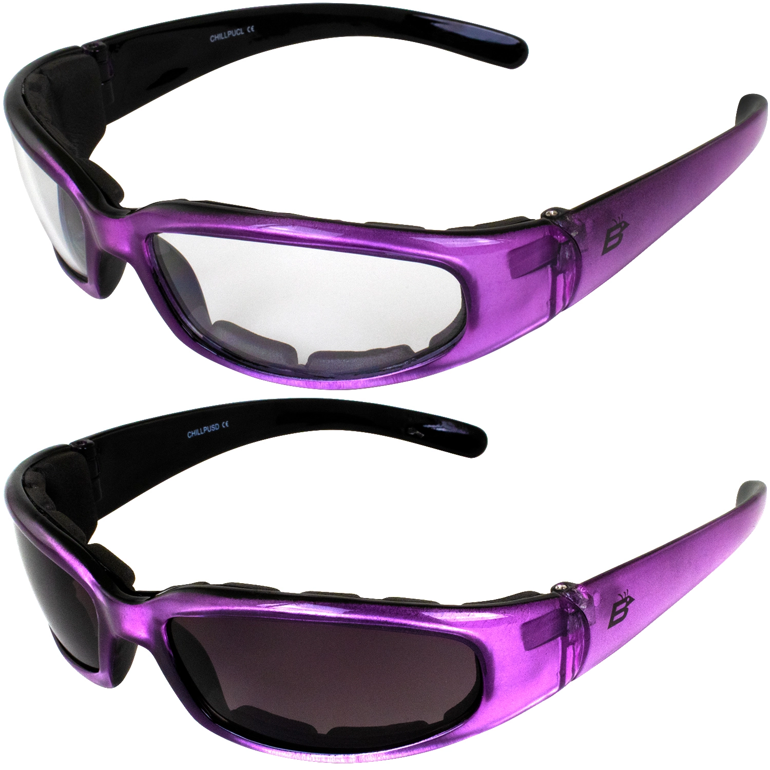 2 Pairs Birdz Eyewear Chill Women's Motorcycle Sunglasses Padded Purple Frames Clear & Super Dark Lenses