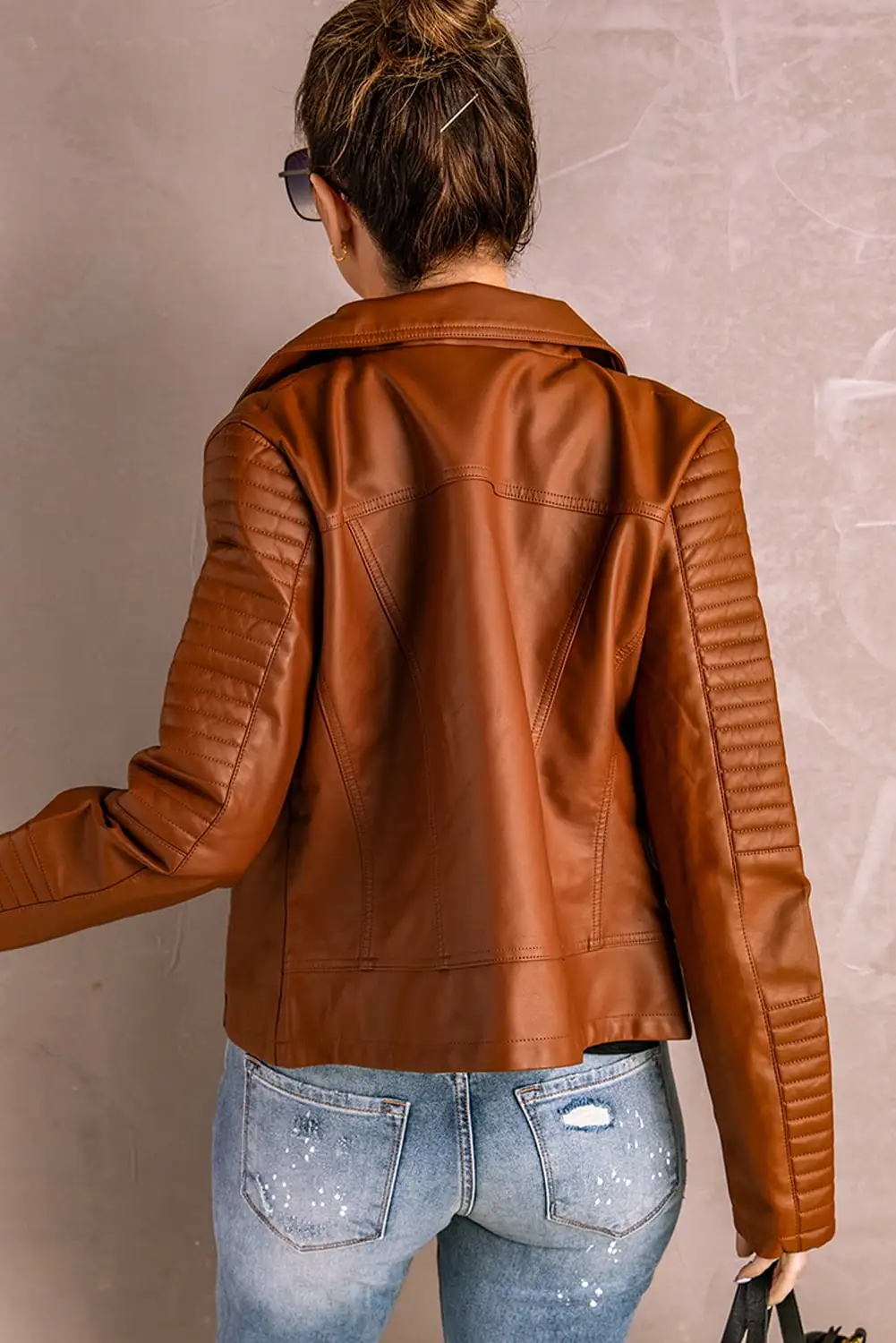 GCKG Women's Brown Leather Zipped Motorcycle Jacket (US 4-6)S