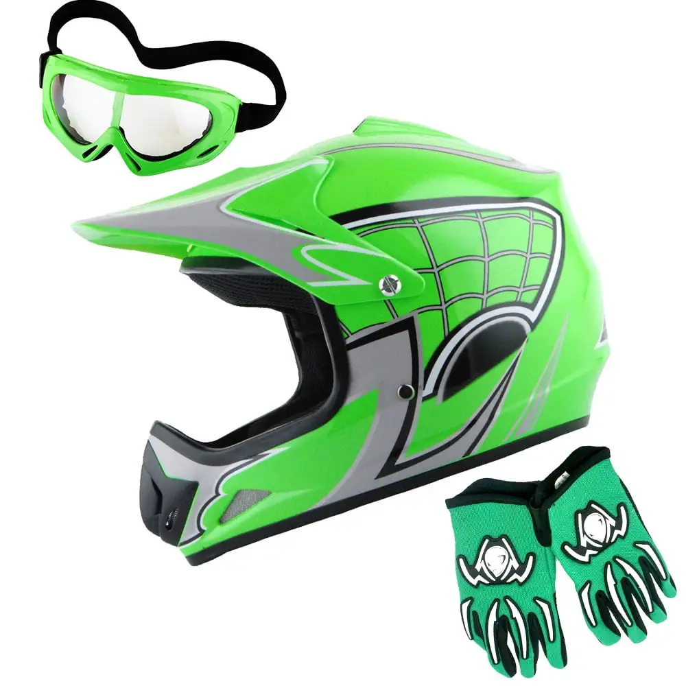 Wow! Youth Motocross Helmet HJOY BMX MX ATV Dirt Bike Helmet Spider Web Green. Goggles. Martian Spider Green Glove Youth B...